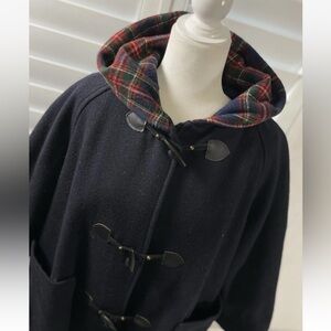 Jacob Jr. Vintage Wool Navy Plaid Toggle Coat Hooded Full Zip Women's‎ 74289
